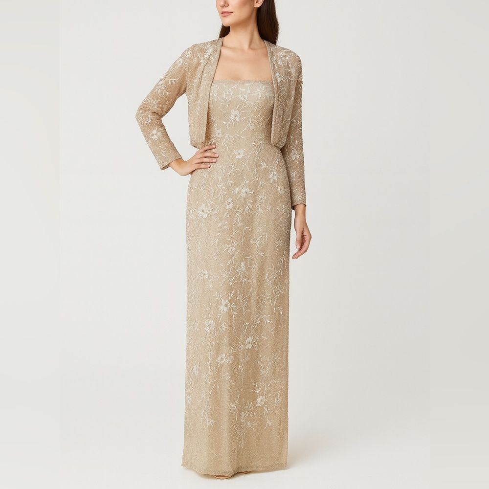 Montage by Mon Cheri Beige Floral Maxi Dress with Jacket